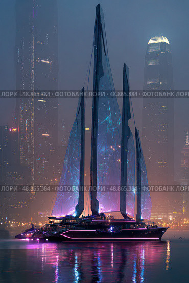 A large ship sails in the water with a city skyline in the background. Стоковое AI-изображение, AI-художник Ярославский Максим / Фотобанк Лори