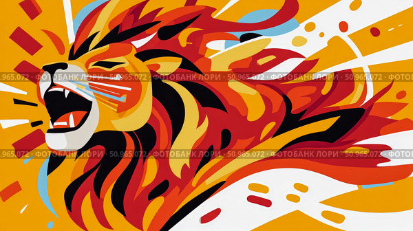 A layered abstract illustration of a majestic lion in a powerful roar, bursting with vibrant hues and dynamic forms, perfect for expressive wall art. Стоковое AI-изображение, AI-художник Данила Большаков / Фотобанк Лори