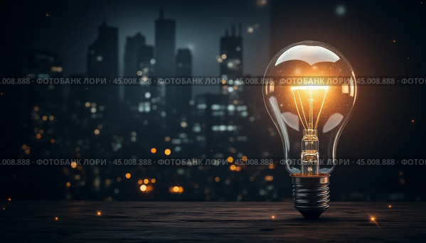 A light bulb is lit up in the dark. Стоковое AI-изображение, AI-художник Александр Анатольевич Зайцев / Фотобанк Лори
