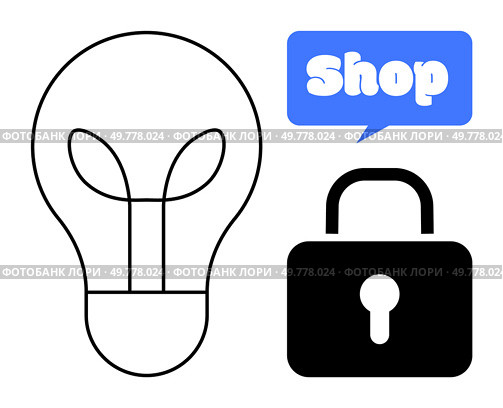 A lightbulb represents ideas, a padlock symbolizes security, and a speech bubble with Shop text indicates e-commerce. Ideal for online shopping, web security, e-commerce, innovation. Concept of Shopping Security with Lightbulb, Padlock, and Shop Text in Blue Speech Bubble. Стоковая иллюстрация, агентство Ingram Publishing / Фотобанк Лори