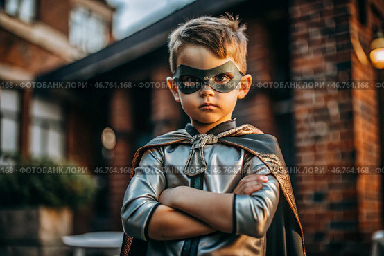 A little boy in a superhero costume outdoors on the street. A child with superpowers. Hero. Costume party. Стоковое AI-изображение, AI-художник Photojuli / Фотобанк Лори