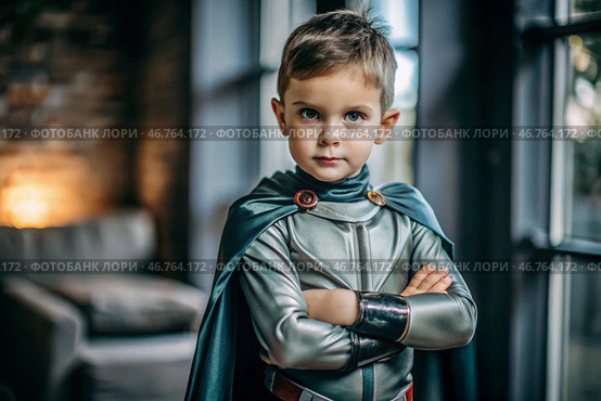 A little boy in a superhero costume outdoors on the street. A child with superpowers. Hero. Costume party. Стоковое AI-изображение, AI-художник Photojuli / Фотобанк Лори