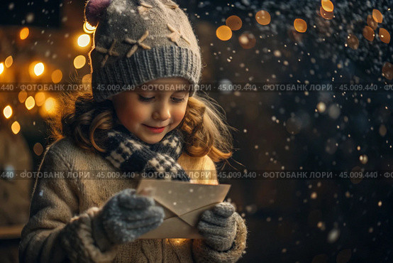 A little girl in winter clothes holding an envelope outside in snowy weather against the background of lights. A letter for Santa Claus. The winter atmosphere of a festive invitation. Стоковое AI-изображение, AI-художник Photojuli / Фотобанк Лори