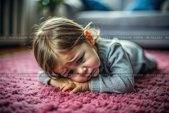 A little girl is lying on the floor. Childish hysteria. The child screams, sobs, gets cranky and gets hysterical. Discontent. Стоковое AI-изображение, AI-художник Photojuli / Фотобанк Лори