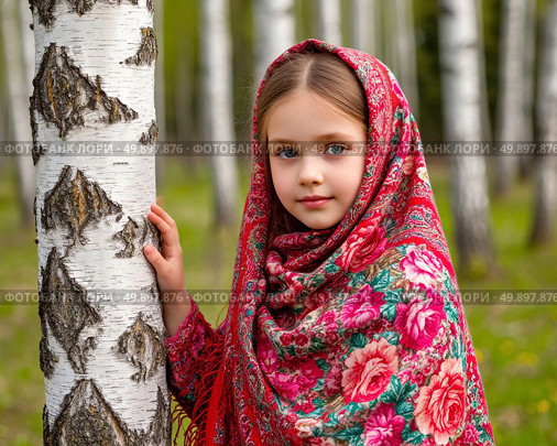 A little Russian beauty in a bright Pavlovo Posad shawl against the backdrop of birches. Стоковое AI-изображение, AI-художник Сергей Елизарьев / Фотобанк Лори