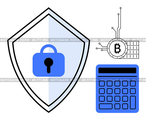 A lock on a shield symbolizing security, a Bitcoin logo representing cryptocurrency, and a calculator for financial management. Ideal for cybersecurity, blockchain tech, fintech, crypto-trading. Digital Security with Cryptographic Shield, Bitcoin Concept, and Fintech Calculator. Стоковая иллюстрация, агентство Ingram Publishing / Фотобанк Лори
