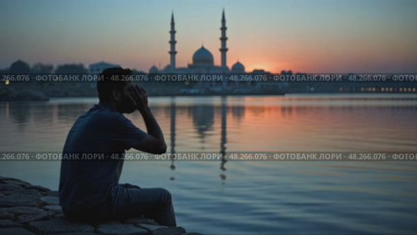 A lone mourner sitting by a river at twilight, his reflection blurred in the water as he whispers prayers for the martyrs of Karba. Стоковое AI-видео, аниматор Sergey Grishin / Фотобанк Лори