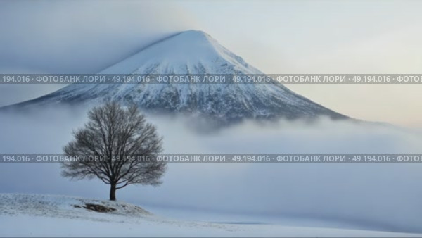 A lone tree stands in a snowy landscape, with a mist-shrouded mountain in the background. Strong stormy wind movies clouds of frozen fog. Стоковое AI-видео, аниматор Sergey Grishin / Фотобанк Лори