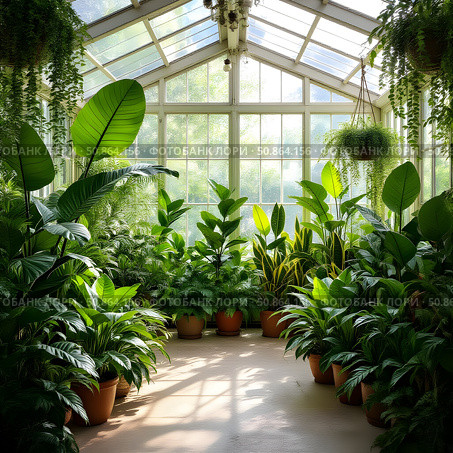 A lush indoor greenhouse filled with a variety of vibrant plants, including monsteras, fiddle-leaf figs, snake plants. Стоковое AI-изображение, AI-художник Iva Noel / Фотобанк Лори