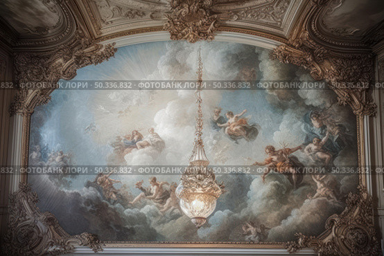 A luxurious ceiling in the Baroque or Rococo style, decorated with a picturesque fresco with mythological scenes against a background of clouds. The composition includes numerous figures of ancient gods, angels and allegorical characters, as if floating in the sky. The fresco frame is made of stucco with exquisite gilded details. In the center of the composition is a crystal chandelier with a richly decorated base. The atmosphere of the interior emphasizes the grandeur and elegance of the classic European palace style. Стоковое AI-изображение, AI-художник Анна Кривицкая / Фотобанк Лори