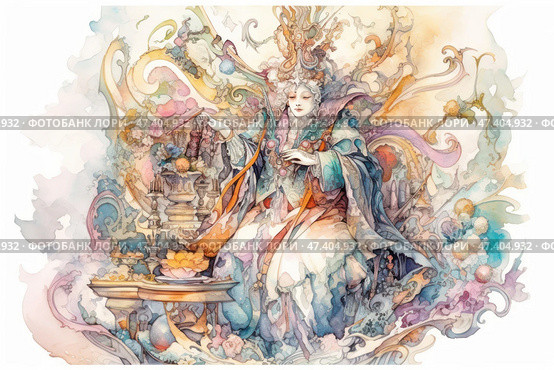 A luxurious fantasy watercolor illustration depicting a fairy-tale figure reminiscent of an empress or priestess in an ornamented robe, surrounded by decorative elements, flowers, ribbons and architectural forms. The composition is filled with swirls of lines and soft gradients in pastel colors - pink, turquoise, gold and lavender. The image radiates grandeur, tranquility and mystical energy, as if from a magical oriental myth or an opera stage. Стоковое AI-изображение, AI-художник Анна Кривицкая / Фотобанк Лори