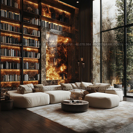 A luxurious interior of a modern living room with a high ceiling library. The shelves are filled with books and decorated with warm, golden lighting, creating a cozy atmosphere. The central element is a marble wall with a fiery glow effect, which adds drama and exclusivity to the interior. In the center of the room is a large modular sofa with cream pillows, and in front of it is a round coffee table with decorative elements. The space looks spacious and airy thanks to panoramic windows overlooking the greenery. Стоковое AI-изображение, AI-художник Анна Кривицкая / Фотобанк Лори