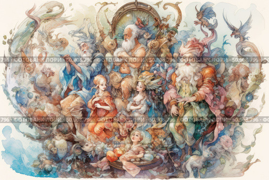 A magical fantasy-style watercolor illustration depicting fairy-tale characters: wise old men, young girls, winged creatures and fantastic animals. The composition is full of details - fruits, feathers, curls, symbols of nature and time. The picture is like a scene from a mythological epic or a magic book that has come to life. Suitable for decorating covers, fairy tales, board games, posters, postcards. Стоковое AI-изображение, AI-художник Анна Кривицкая / Фотобанк Лори