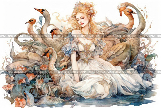 A magical watercolor illustration of a beautiful princess in a snow-white dress, surrounded by graceful swans. A fairy-tale atmosphere filled with tenderness, magic and natural harmony. A graceful girl with long blond hair and a tiara on her head radiates calmness and nobility. This painting is inspired by classic European fairy tales such as "The Wild Swans" or "Swan Lake". Suitable for book covers, prints, postcards, collections about fairy tales, fantasy and female beauty. Стоковое AI-изображение, AI-художник Анна Кривицкая / Фотобанк Лори