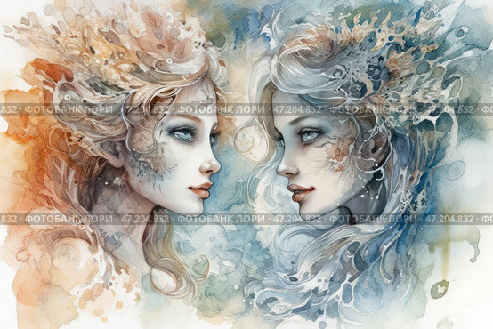 A magical watercolor painting of two female faces facing each other. It is executed in a delicate, airy manner with smooth color transitions and a combination of warm (golden-orange) and cold (blue-silver) shades. The girls look like elementals of the elements - one represents fire and earth, and the other - water and air. Their hair smoothly turns into fantasy patterns reminiscent of water splashes, smoke or wind, creating a sense of merging elements. Their looks are filled with mystery and wisdom, and their skin is decorated with subtle patterns, like natural signs. The painting conveys a sense of harmony, opposition and connection between the forces of nature. Стоковое AI-изображение, AI-художник Анна Кривицкая / Фотобанк Лори