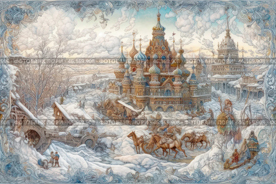 A magnificent winter scene in the style of Russian folk tales. In the center of the composition rises a majestic temple with traditional Russian architecture - onion-shaped domes, richly decorated with patterns and details. Around the temple stretches a snow-covered city with wooden huts, bridges and folk life. In the foreground you can see travelers on horseback, characters in traditional Russian costumes, a winter landscape with fluffy snow and intricate patterns on the edges of the painting, giving it an artistic frame.The illustration is done in the style of elegant fairy-tale painting, reminiscent of works in the spirit of Russian miniatures and medieval chronicles. Стоковое AI-изображение, AI-художник Анна Кривицкая / Фотобанк Лори