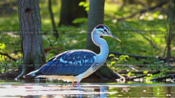 A majestic blue heron embodies tranquility and elegance standing in a flowing river. Стоковое AI-видео, аниматор ketpro.design / Фотобанк Лори