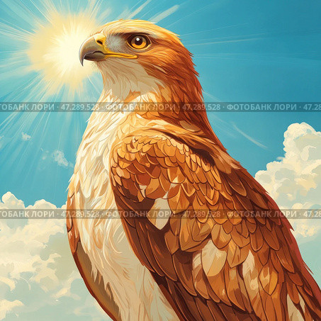 A majestic hawk or falcon depicted in bright, saturated colors. Its feathers are done in warm shades of gold, brown and white, emphasizing its grace and strength. The bird proudly rises against the background of a sunny sky with white clouds, and the sun shines behind, creating a glowing effect around its head. The gaze of the predator is focused and full of confidence, symbolizing power, freedom and the desire for heights. Стоковое AI-изображение, AI-художник Анна Кривицкая / Фотобанк Лори