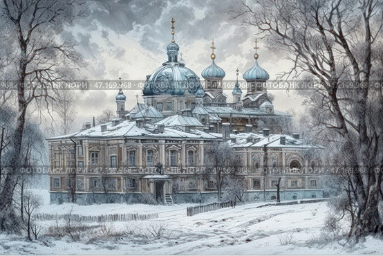 A majestic old Russian mansion or monastery with gilded and blue domes decorated with crosses. The building is made in a classical style with rich architectural decor, arched windows and columns. The facade is covered with a light layer of snow, emphasizing the winter atmosphere. Around the mansion there is a snow-covered forest, with bare trees, whose branches frame the composition. The sky is covered with clouds, which gives the scene a special solemnity and a cold, but picturesque aesthetic. The picture conveys a feeling of Russian winter, silence and comfort, despite the harsh natural conditions. Стоковое AI-изображение, AI-художник Анна Кривицкая / Фотобанк Лори