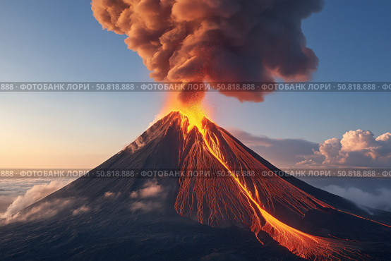 A Majestic Volcano Erupting with Lava Flowing Down its Sides, Ash Clouds Billowing High into the Sky, Creating a Dramatic and Fiery Landscape at Sunset. Стоковое AI-изображение, AI-художник Башкирова Анна / Фотобанк Лори