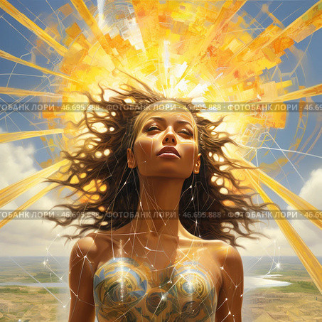 A majestic woman with an uplifted face and closed eyes, as if absorbing the sun's energy. Her hair flutters, merging with the shining golden rays emanating from behind her head, creating the effect of a divine halo. Her skin shimmers with golden reflections, and symbolic patterns reminiscent of ancient ornaments are visible on her chest. The background is a blue sky with rare clouds and a panoramic view of the lands below, creating an impression of sublimity and connection with higher powers. The painting is made in the style of fantastic realism, with elements of mythology and symbolism. Стоковое AI-изображение, AI-художник Анна Кривицкая / Фотобанк Лори