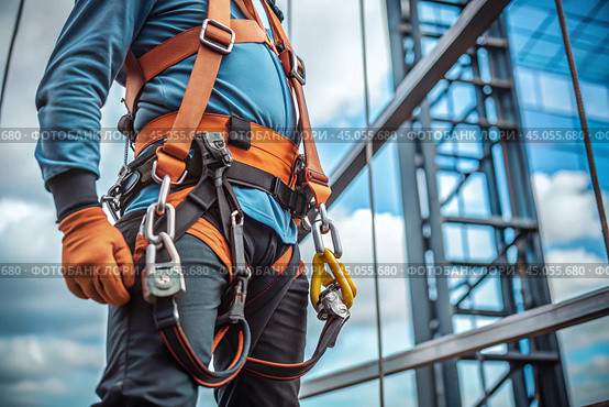 A male construction worker in protective gear, safety belts and with safety belt hooks for working at high altitude. Construction, repair, cleaning, installation. Стоковое AI-изображение, AI-художник Photojuli / Фотобанк Лори