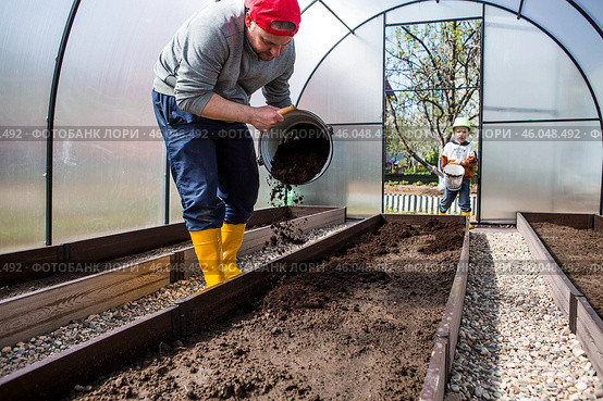 A male farmer pours new soil, soil for a new greenhouse. The concept of spring vegetable planting, greenhouse installation and farming. Стоковое фото, фотограф Photojuli / Фотобанк Лори