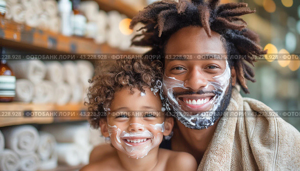 A man and a boy are wearing face masks while traveling, adapting to new safety measures. Стоковое AI-изображение, AI-художник Юрий Поздников / Фотобанк Лори