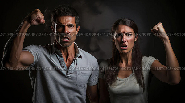 A man and a woman are fighting for their rights. Стоковое AI-изображение, AI-художник Кирилл Черезов / Фотобанк Лори