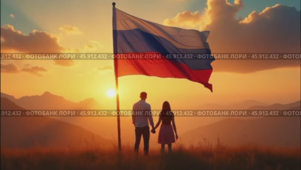 A man and a woman with a Russian flag against the background of sunset. Стоковое AI-видео, аниматор Виктория Кольцова / Фотобанк Лори
