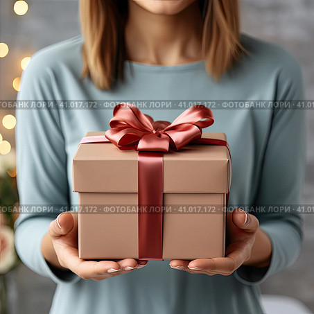 A man holding a gift box symbolizing the advent of Christmas and New Year. Created by AI. Стоковое AI-изображение, AI-художник Ярославский Максим / Фотобанк Лори