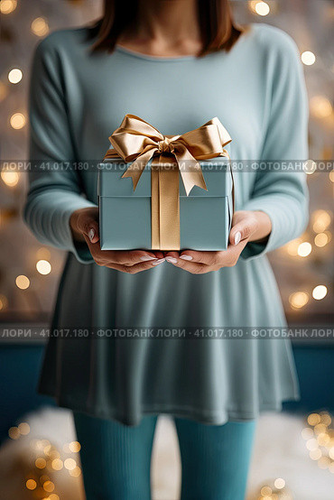 A man holding a gift box symbolizing the advent of Christmas and New Year. Created by AI. Стоковое AI-изображение, AI-художник Ярославский Максим / Фотобанк Лори