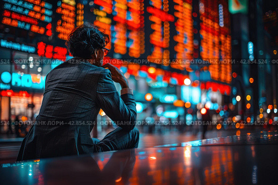 A man in a business suit looks thoughtfully at the busy streets of the city with bright neon lighting. This image is full of atmosphere and can be interpreted as a moment of reflection on life's journey or as a break from the fast pace of modern life. Стоковое AI-изображение, AI-художник Анна Кривицкая / Фотобанк Лори