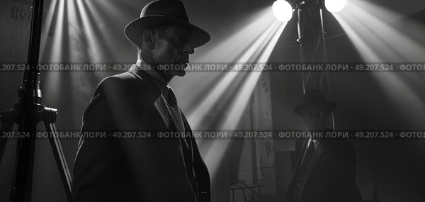 A man in a suit and hat stands confidently in front of a microphone, ready to address an audience. Стоковое AI-изображение, AI-художник Данила Большаков / Фотобанк Лори