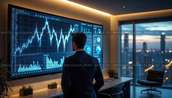 A man in a suit is looking at a computer screen with a lot of graphs and numbers. Стоковое AI-изображение, AI-художник Ярославский Максим / Фотобанк Лори