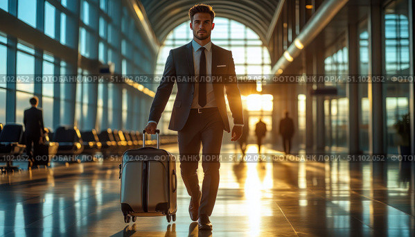 A man in a suit is walking with a suitcase in an airport. Стоковое AI-изображение, AI-художник Ярославский Максим / Фотобанк Лори