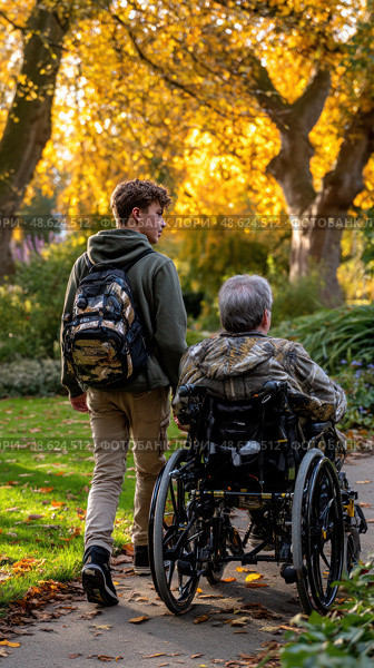A man in a wheelchair is being pushed by a young man. Стоковое AI-изображение, AI-художник Ярославский Максим / Фотобанк Лори