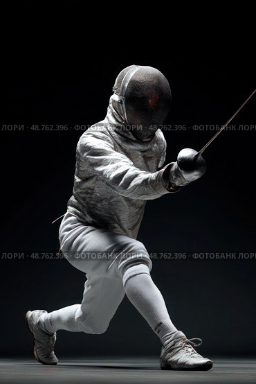 A man in a white outfit is fencing with a sword. Стоковое AI-изображение, AI-художник Ярославский Максим / Фотобанк Лори
