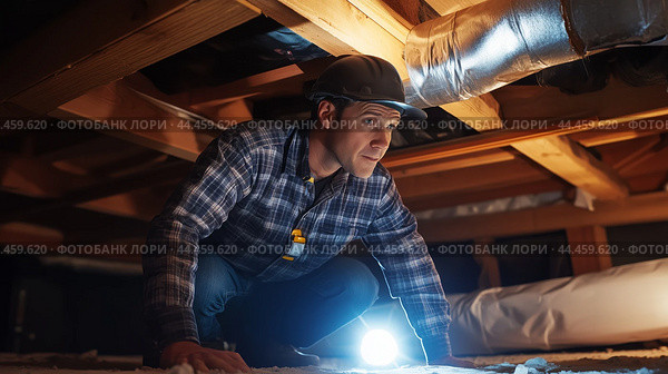 A man inspects an attic space using a flashlight while wearing a hard hat and checking the structure for damage and safety. Стоковое AI-изображение, AI-художник Сергей Толмачёв / Фотобанк Лори