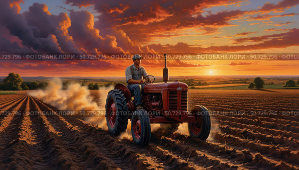 A man is driving a red tractor in a field. Стоковое AI-изображение, AI-художник Ярославский Максим / Фотобанк Лори