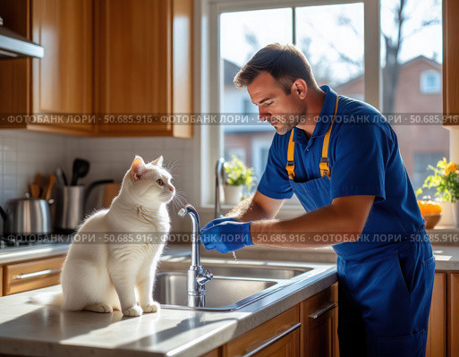 A man is fixing a sink while a white cat watches. Стоковое AI-изображение, AI-художник Ярославский Максим / Фотобанк Лори