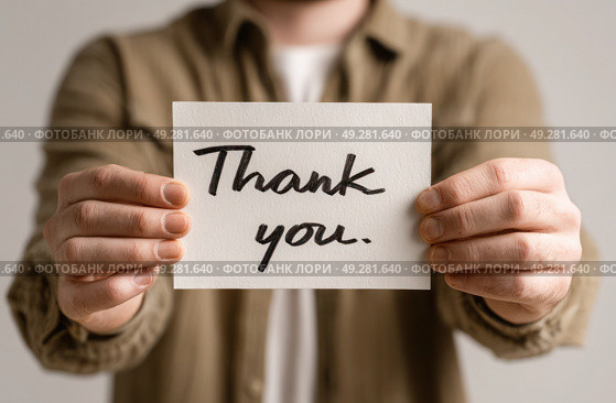 A man is holding a piece of paper that says "Thank You." Стоковое AI-изображение, AI-художник Ярославский Максим / Фотобанк Лори