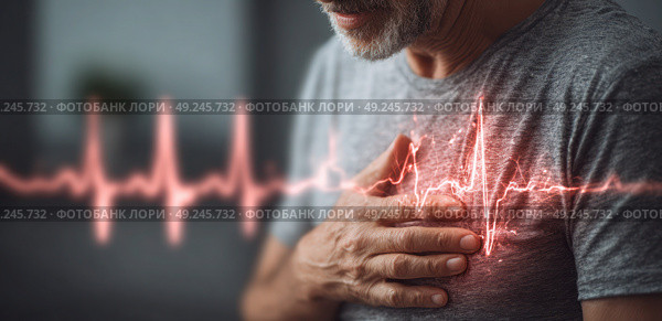 A man is holding his chest and has a red line on his shirt. Стоковое AI-изображение, AI-художник Ярославский Максим / Фотобанк Лори