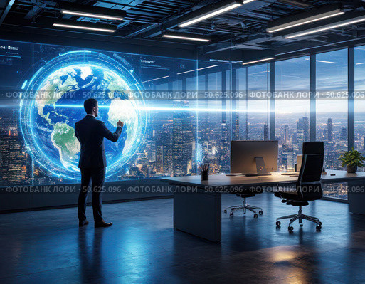 A man is looking at a computer screen with a globe on it. Стоковое AI-изображение, AI-художник Ярославский Максим / Фотобанк Лори