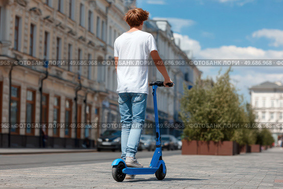 A man is riding a blue scooter down a city street. Стоковое AI-изображение, AI-художник Ярославский Максим / Фотобанк Лори