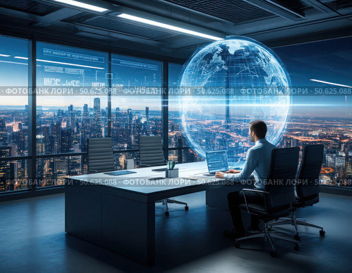 A man is sitting at a desk in front of a computer screen with a globe on it. Стоковое AI-изображение, AI-художник Ярославский Максим / Фотобанк Лори