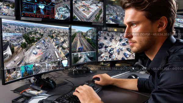 A man is sitting in front of a computer with multiple monitors. Стоковое AI-изображение, AI-художник Ярославский Максим / Фотобанк Лори