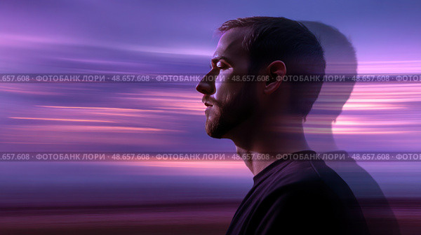 A man is standing in front of a purple sky. Стоковое AI-изображение, AI-художник Ярославский Максим / Фотобанк Лори
