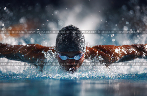 A man is swimming in a pool wearing goggles. Стоковое AI-изображение, AI-художник Ярославский Максим / Фотобанк Лори