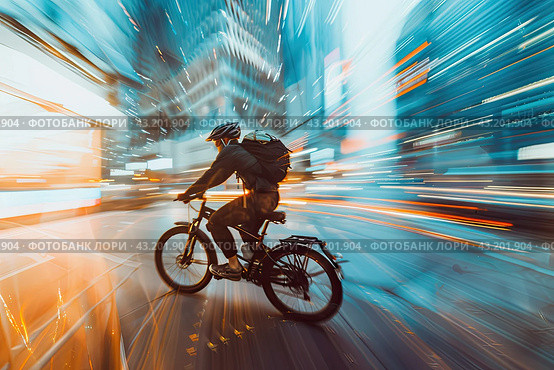 A man on a bicycle on a city street in the middle of the night, blurred lights. Стоковое AI-изображение, AI-художник Ярославский Максим / Фотобанк Лори